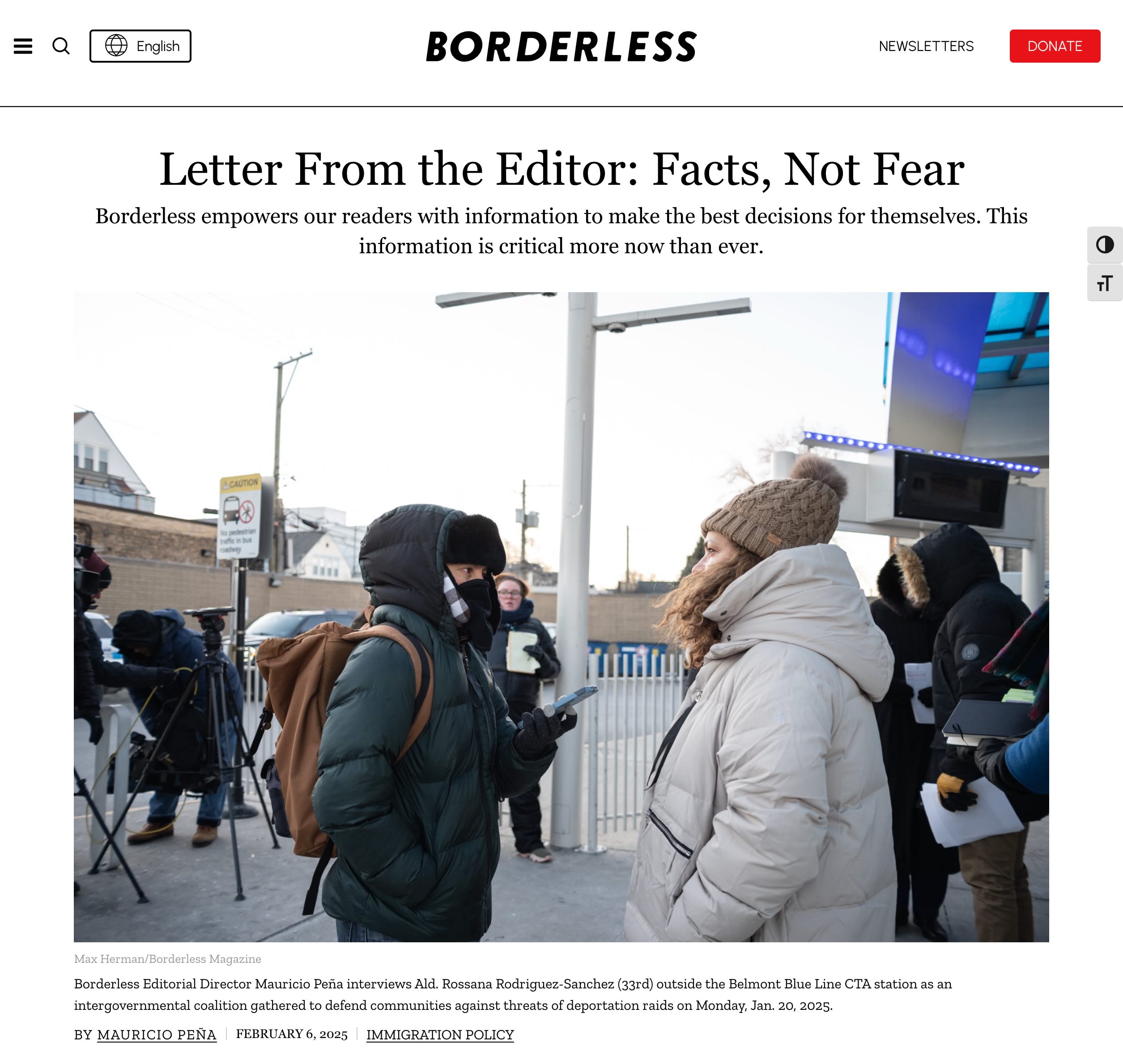Borderless Magazine's declaration to center audience needs over fear-driven content, crafted by Mauricio Pena.