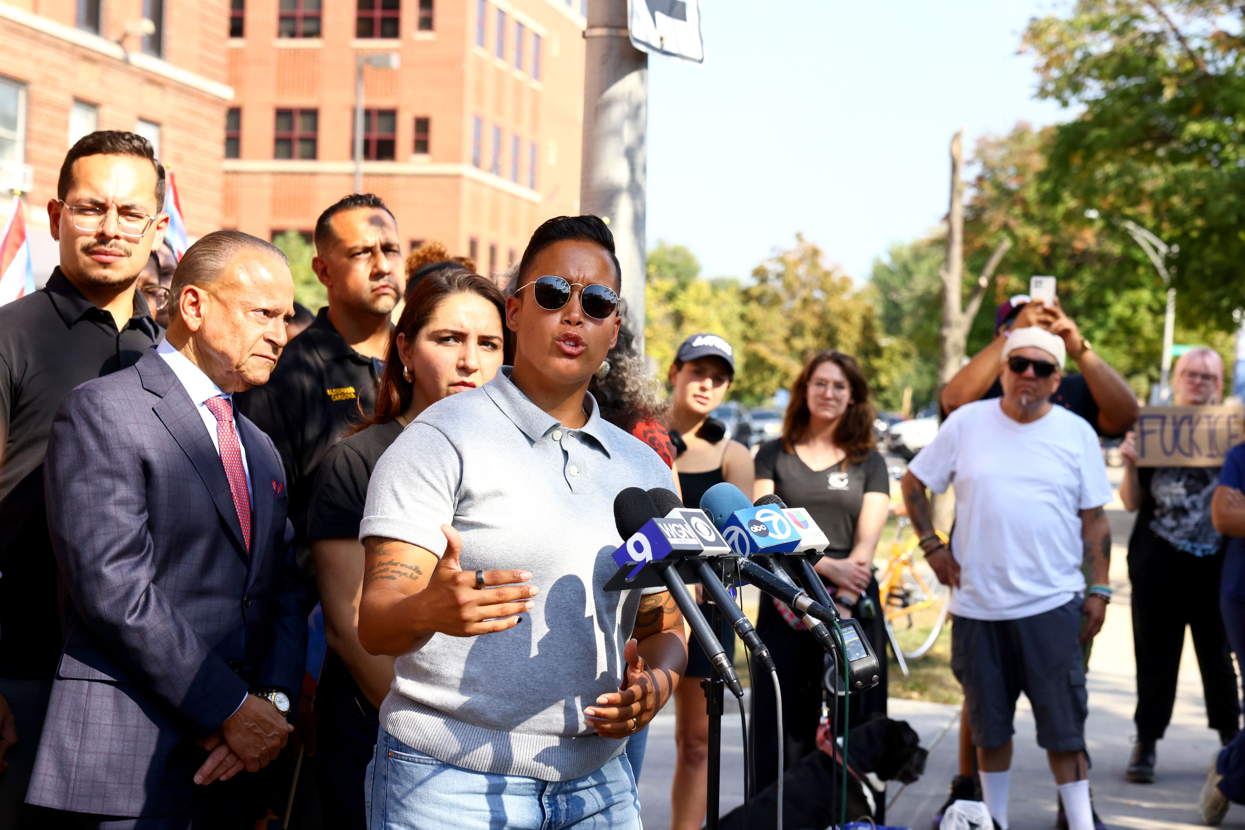 Chicago Alderperson Jessie Fuentes speaks about being detained while checking on an individual guarded by ICE officers, Oct. 3, 2025. (Anthony Vazquez/Chicago Sun-Times via AP)