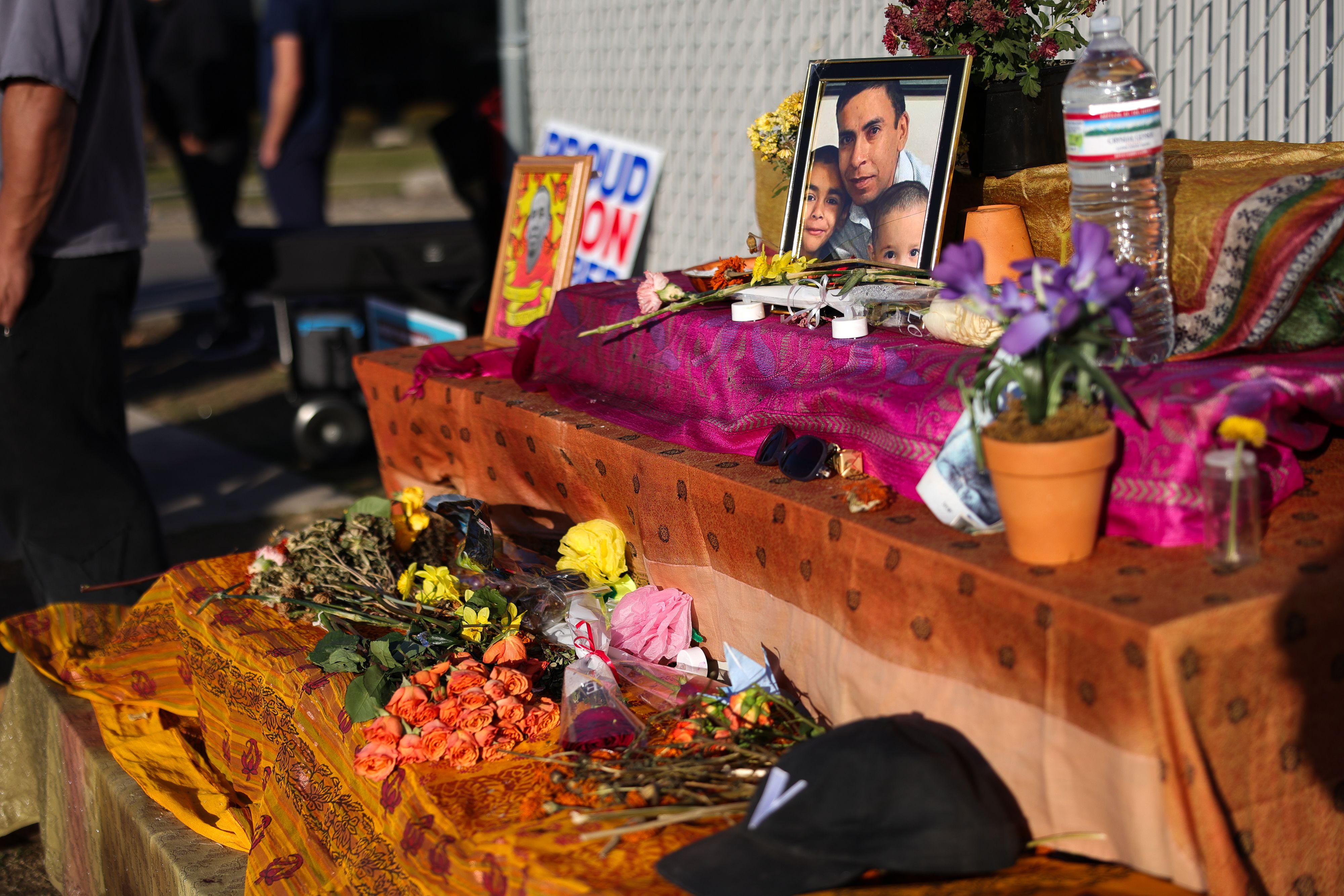 A memorial for Silverio Villegas Gonzalez, a man who was killed by ICE agents during an arrest, outside of the Broadview Immigration and Customs Enforcement processing and detention facility in Broadview, Illinois, on Nov. 14, 2025. (Photo by Bryan Dozier/NurPhoto via AP)